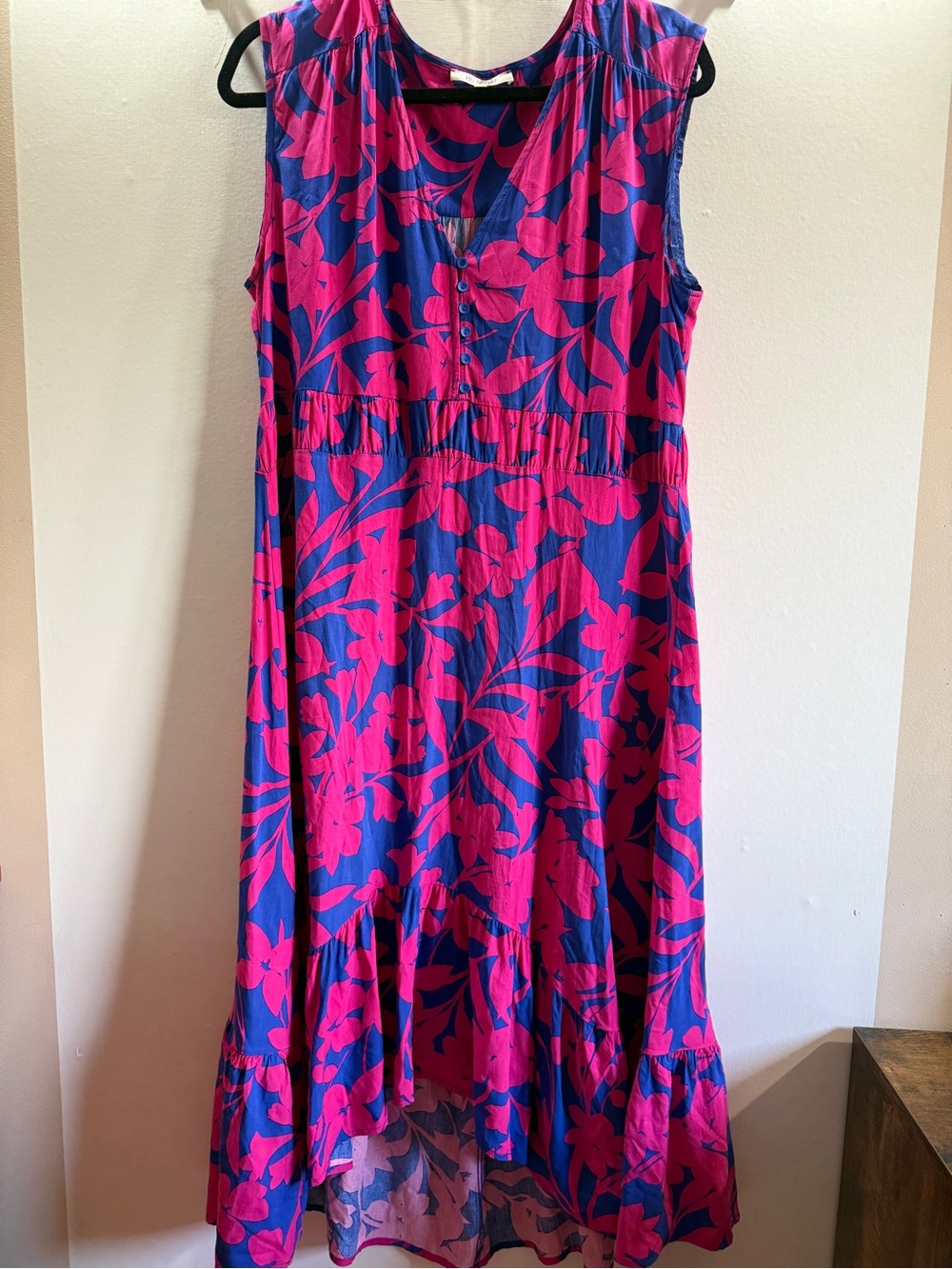 Abel the Label Pink Blue Floral Maxi Dress Size L Tiered Sleeveless Boho